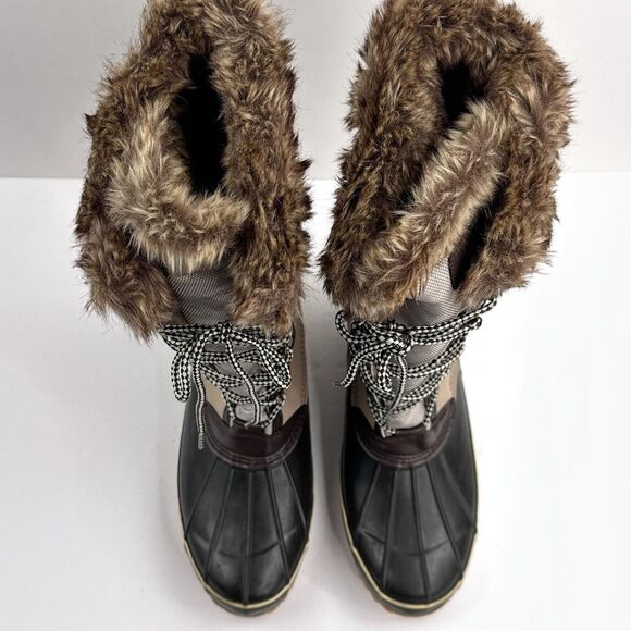 Khombu Boots Womens Size 11 Brown Gray Faux Fur Tall Lace Up Snow Duck Winter - Picture 9 of 13